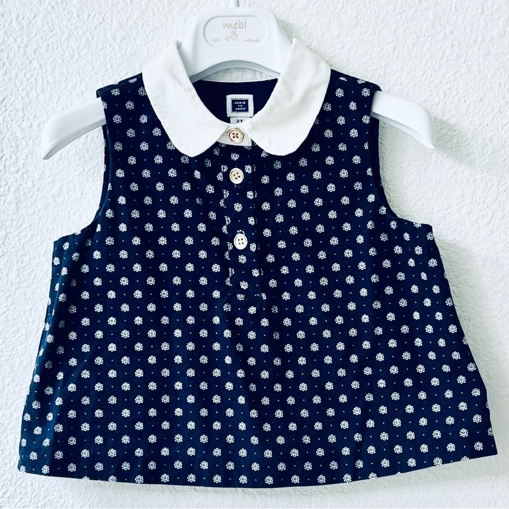 JANIE AND JACK Sleeveless Cotton Collared Shirt Sz 2T Navy White Button Worn 1X